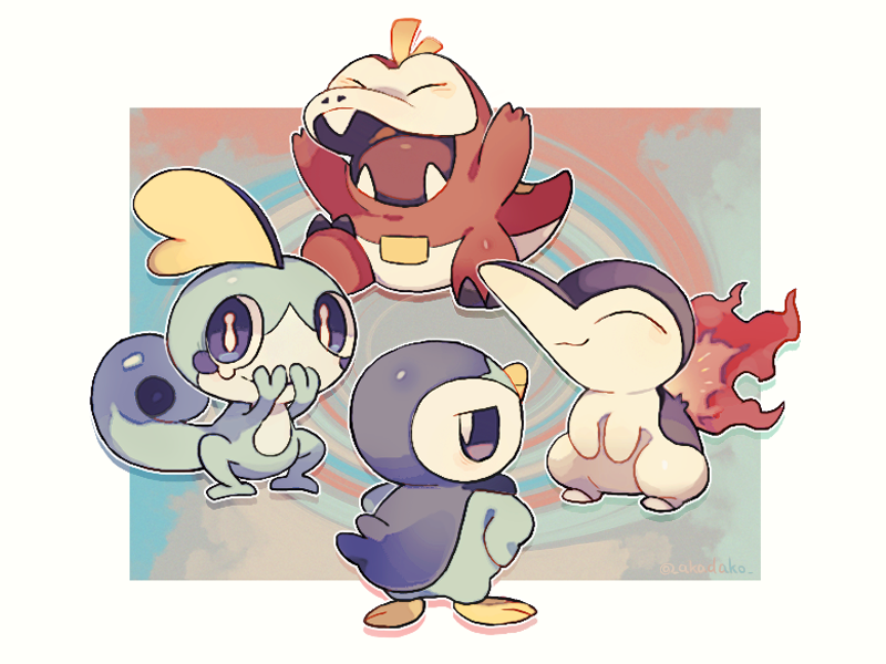 akadako, cyndaquil, fuecoco, piplup, sobble, nintendo, pokemon, commentary request, blue eyes, border, closed eyes, closed mouth, fire, full body, gen 2 pokemon, gen 4 pokemon, gen 8 pokemon, happy, laughing, no humans, open mouth, pokemon (creature), smug, white border