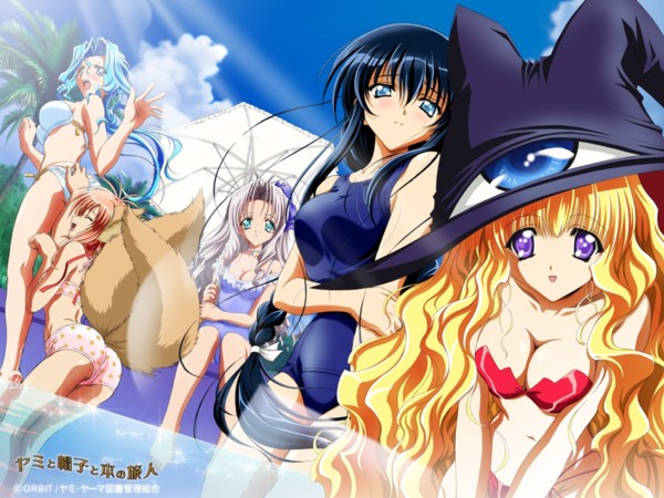 carnelian, nishida asako, azuma hazuki, lilith (yamibou), mariel (yamibou), meirin (yamibou), seiren (yamibou), yami to boushi to hon no tabibito, 00s, 5girls, animal ears, barefoot, bikini, blonde hair, blue eyes, blue hair, cloud, fox ears, green eyes, hat, looking at viewer, multiple girls, one-piece swimsuit, open mouth, orange hair, red hair, school swimsuit, sky, swimsuit, tree, witch hat