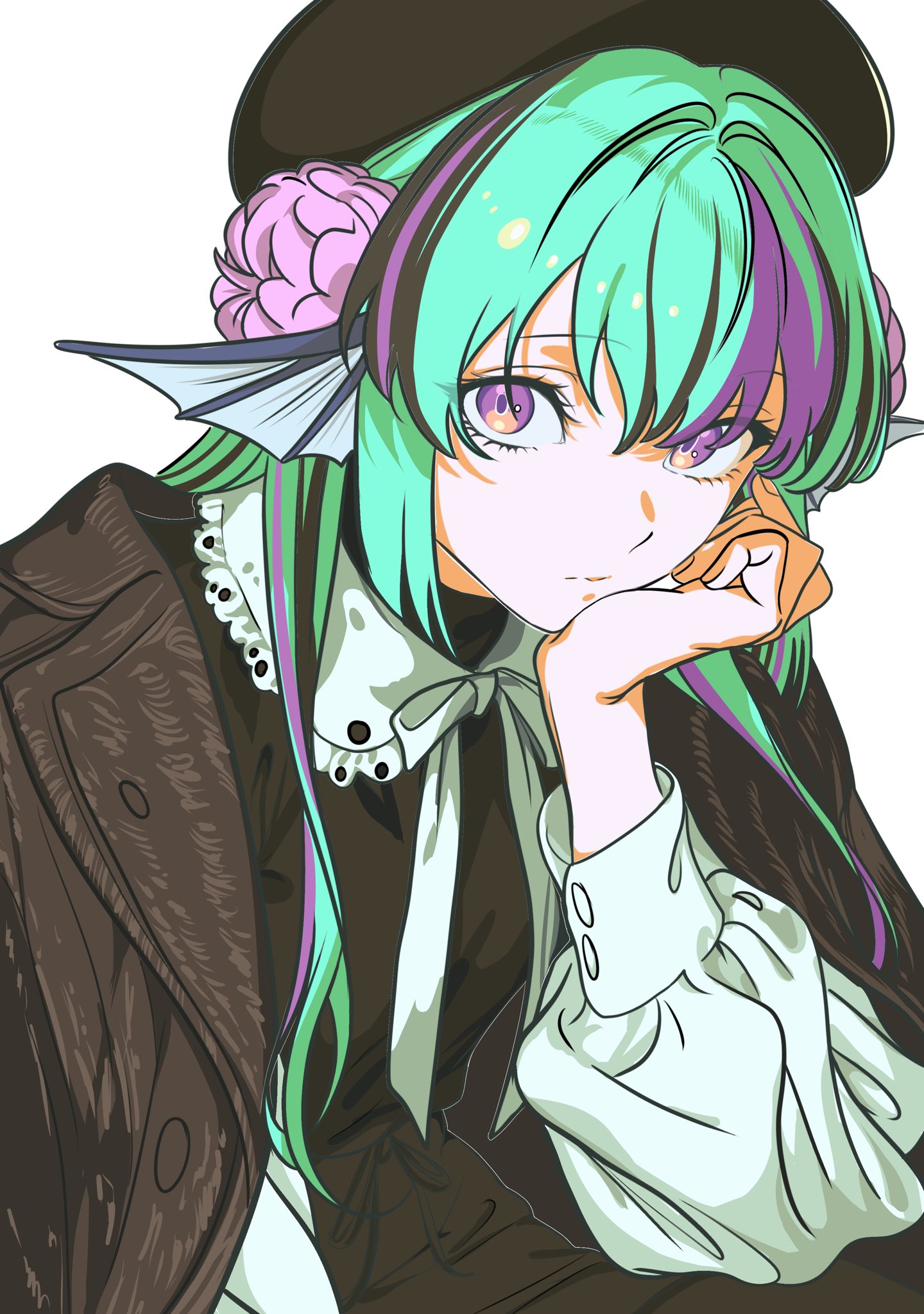 fif 228, finana ryugu, finana ryugu (jirai kei), nijisanji, nijisanji en, highres, 1girl, aqua hair, beret, black hair, coat, coat on shoulders, expressionless, fins, flower, hair between eyes, hair flower, hair ornament, hand on own chin, hat, head fins, head rest, long hair, looking at viewer, multicolored hair, purple eyes, purple hair, simple background, sitting, solo, streaked hair, upper body, virtual youtuber, white background