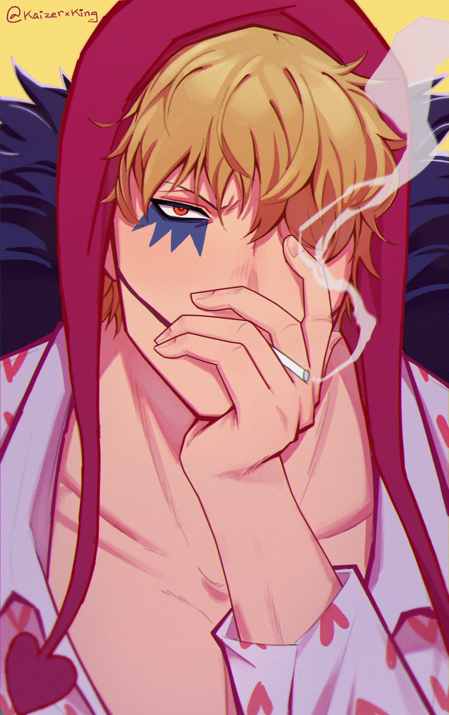 kaizer (kaizerxking), donquixote rocinante, one piece, absurdres, commentary, english commentary, highres, 1boy, blonde hair, cigarette, collarbone, facial mark, hair over one eye, hat, heart, heart print, looking at viewer, male focus, print shirt, red hat, shirt, short hair, smoke, smoke trail, smoking, solo, yellow background