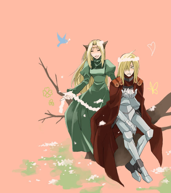 tsuuma, viral (ttgl), tengen toppa gurren lagann, tengen toppa gurren lagann: parallel works, 00s, 1boy, 1girl, animal ears, armor, blonde hair, cape, cat ears, circlet, couple, dress, flower, head wreath, hetero, in tree, long hair, smile, tree