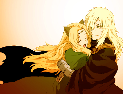 matsukaze yukiji, yuutu, tsuuma, viral (ttgl), tengen toppa gurren lagann, tengen toppa gurren lagann: parallel works, lowres, 00s, 1boy, 1girl, animal ears, armor, blonde hair, cape, cat ears, closed eyes, couple, dress, hetero, hug, long hair, smile