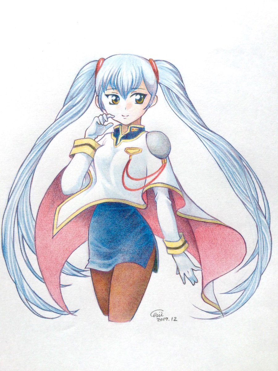 chiori n, hoshino ruri, kidou senkan nadesico, colored pencil (medium), commentary request, highres, traditional media, 1girl, blue hair, brown eyes, cape, cropped legs, gloves, long hair, looking at viewer, pantyhose, pencil skirt, skirt, solo, twintails, very long hair
