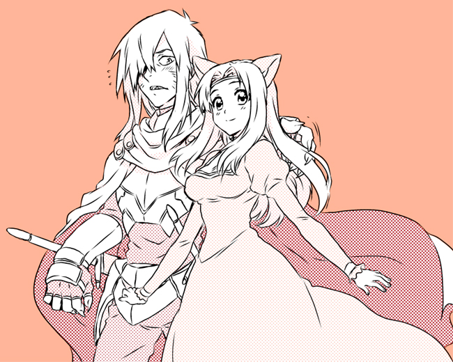 matsukaze yukiji, yuutu, tsuuma, viral (ttgl), tengen toppa gurren lagann, tengen toppa gurren lagann: parallel works, 00s, 1boy, 1girl, animal ears, armor, blush, cape, cat ears, circlet, claws, couple, dress, fangs, hetero, long hair, oversized limbs, smile, sword, weapon