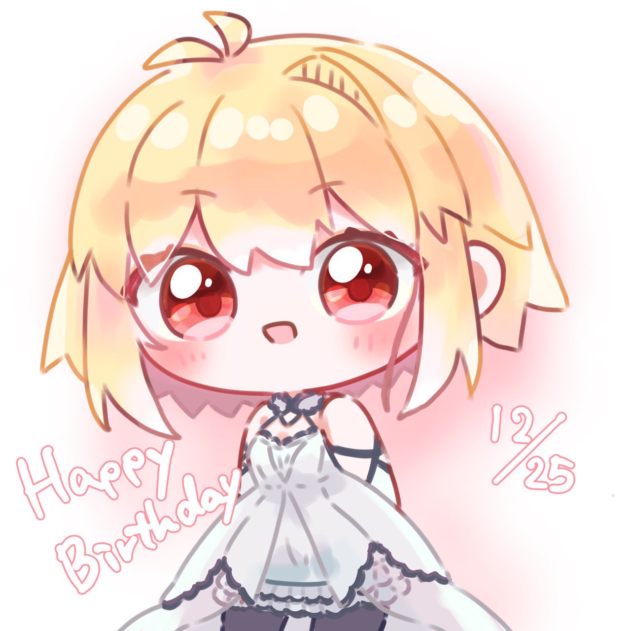 user vkjy5545, arcueid brunestud, tsukihime, tsukihime (remake), highres, 1girl, :d, ahoge, arcueid brunestud (clad in glacier), arms behind back, black pantyhose, blonde hair, breasts, chibi, cleavage, cleavage cutout, clothing cutout, dress, elbow gloves, gloves, hair intakes, happy birthday, looking at viewer, official alternate costume, open mouth, pantyhose, red eyes, short hair, smile, white dress, white gloves