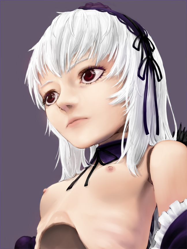 yoshinome, suigintou, rozen maiden, 00s, 1girl, breasts, choker, doll joints, female focus, hairband, joints, long hair, nipples, purple eyes, small breasts, solo, undressing, white hair, wings