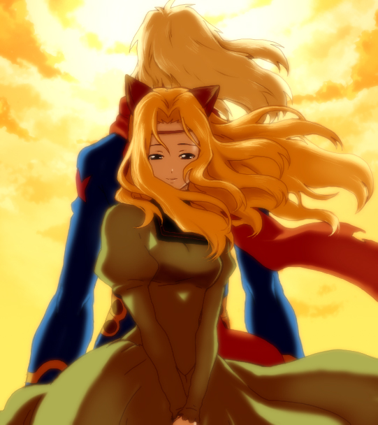 matsukaze yukiji, yuutu, tsuuma, viral (ttgl), tengen toppa gurren lagann, 00s, 1boy, 1girl, animal ears, blonde hair, cat ears, circlet, dress, long hair, oversized limbs, scarf, sunset