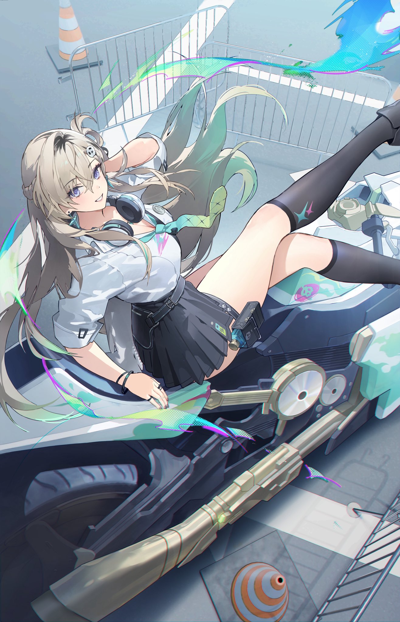 hy (hem oo), lynae (wuthering waves), wuthering waves, commentary, highres, symbol-only commentary, 1girl, aqua necktie, black skirt, black socks, blonde hair, breasts, cleavage, earrings, from above, from side, hair ornament, hand up, headphones, headphones around neck, jewelry, long hair, looking at viewer, looking to the side, medium breasts, motor vehicle, motorcycle, necktie, on motorcycle, parted lips, shirt, shirt tucked in, skirt, skull hair ornament, smile, socks, solo, star (symbol), star earrings, thighs, white shirt