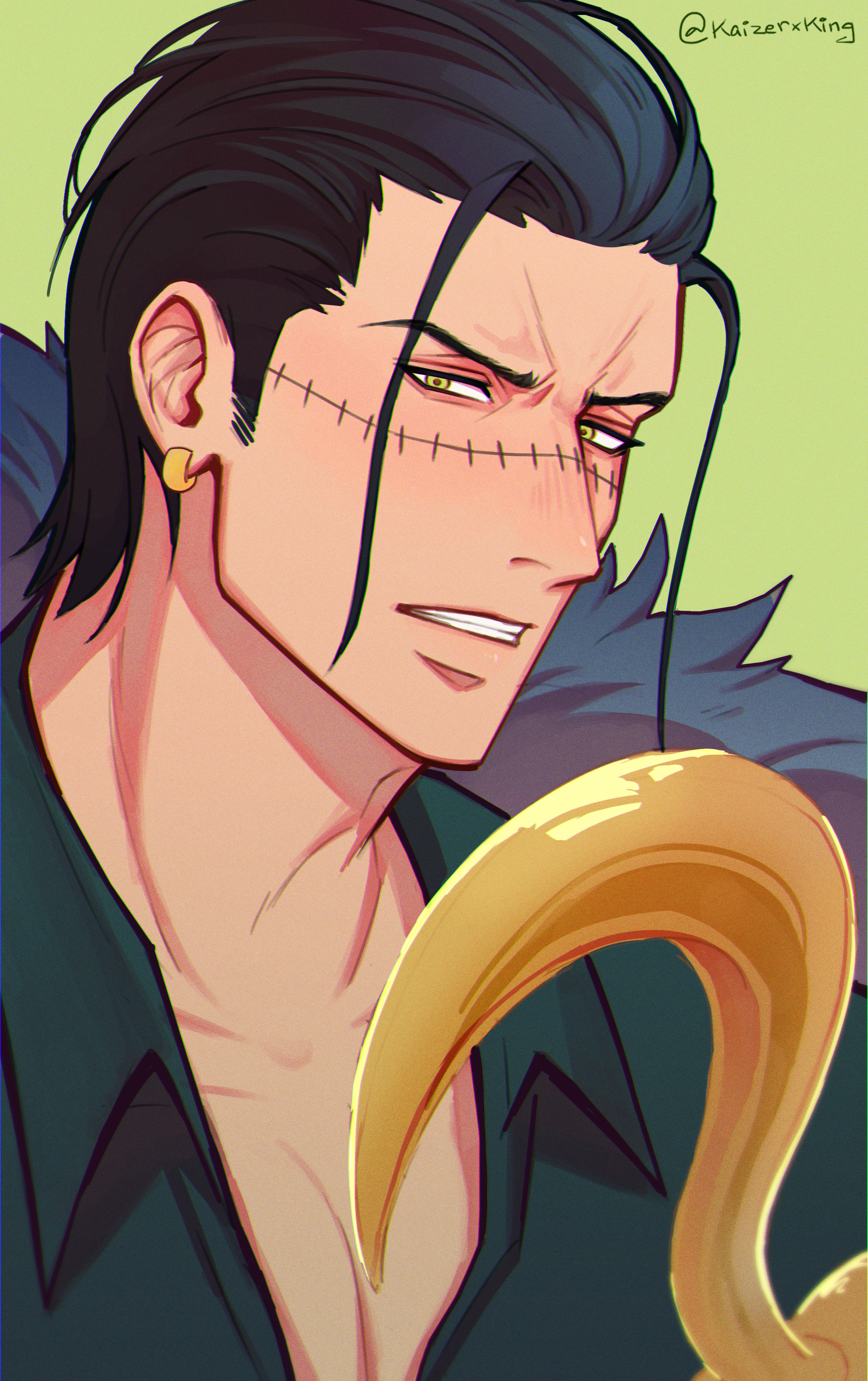 kaizer (kaizerxking), crocodile (one piece), one piece, absurdres, commentary, highres, 1boy, black hair, clenched teeth, collared shirt, earrings, green background, green shirt, hair slicked back, hook hand, jewelry, looking at viewer, male focus, pectoral cleavage, pectorals, shirt, short hair, sideburns, simple background, solo, stitched face, stitches, teeth, twitter username, upper body, yellow eyes