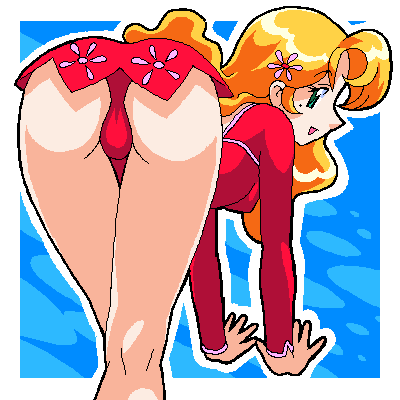 daisy (pokemon), nintendo, pokemon, aliasing, lowres, 1girl, ass, blonde hair, blue background, border, breasts, cameltoe, cowboy shot, dress, female focus, from behind, green eyes, hair ornament, kneepits, leaning forward, looking at viewer, looking back, medium breasts, mole, mole under eye, oekaki, outline, outside border, panties, pantyshot, red dress, red panties, short dress, small breasts, smile, solo, two-tone background, underwear, white border, white outline