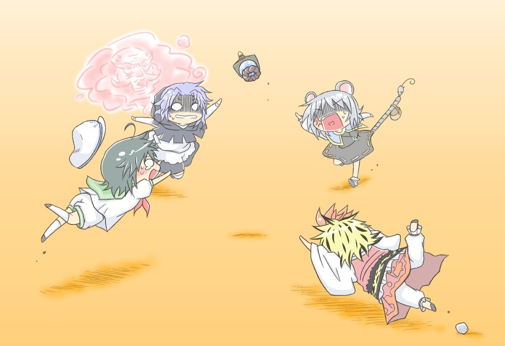 viva!!, kumoi ichirin, murasa minamitsu, nazrin, toramaru shou, unzan, touhou, silver hair, 4girls, anger vein, angry, animal ears, animal print, basket, bishamonten's pagoda, chibi, facial hair, falling, hat, heart, heart in mouth, mouse (animal), mouse ears, mouse tail, multiple girls, mustache, no eyes, o o, rock, shaded face, tail, tears, tiger print, tripping