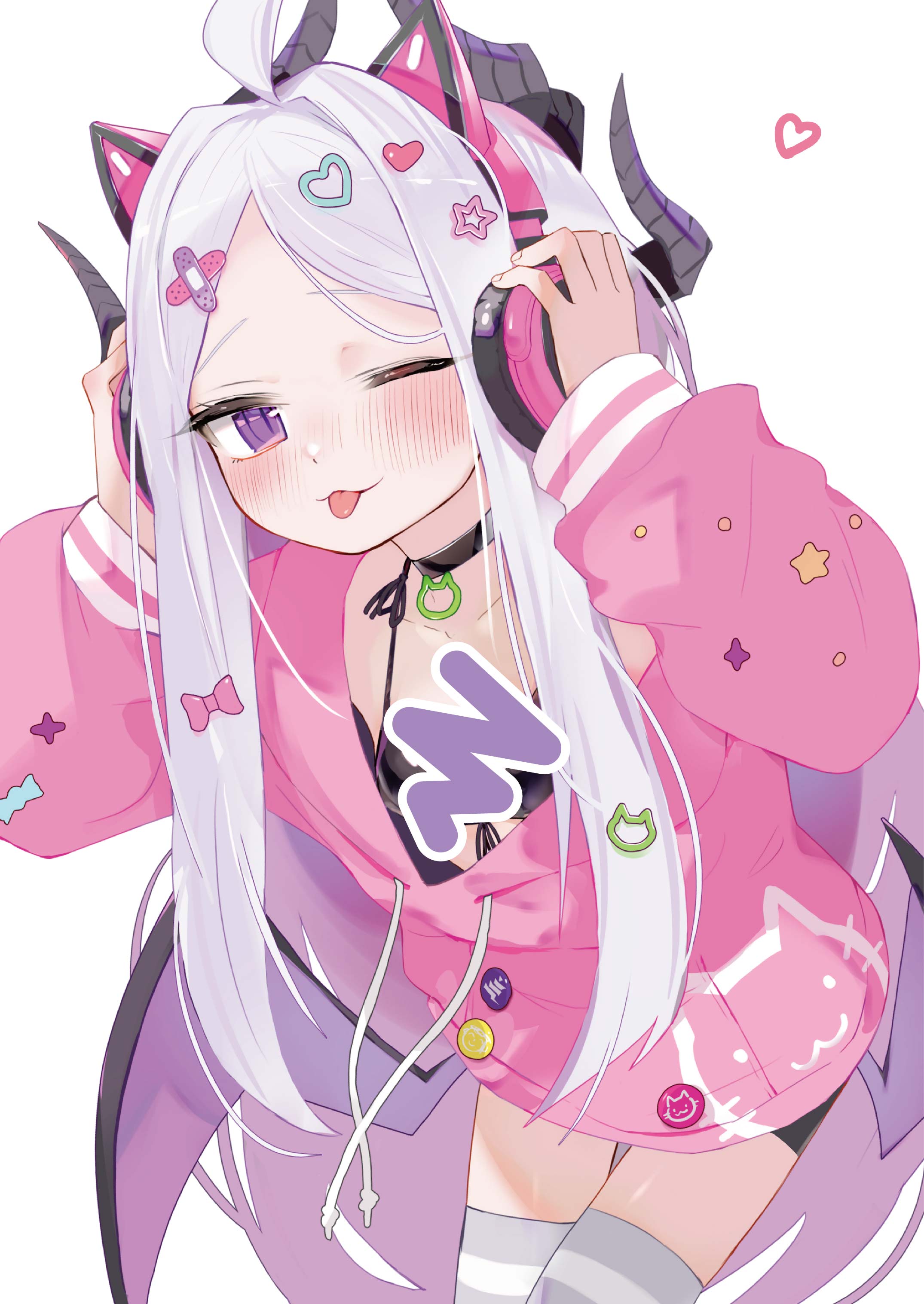 ura ra1800, hina (blue archive), blue archive, absurdres, commentary request, highres, 1girl, ahoge, black bra, blush, bra, breasts, demon girl, demon horns, demon wings, headphones, heart, horns, long hair, looking at viewer, low wings, one eye closed, purple eyes, simple background, small breasts, solo, thighhighs, tongue, tongue out, underwear, very long hair, white background, white hair, wings