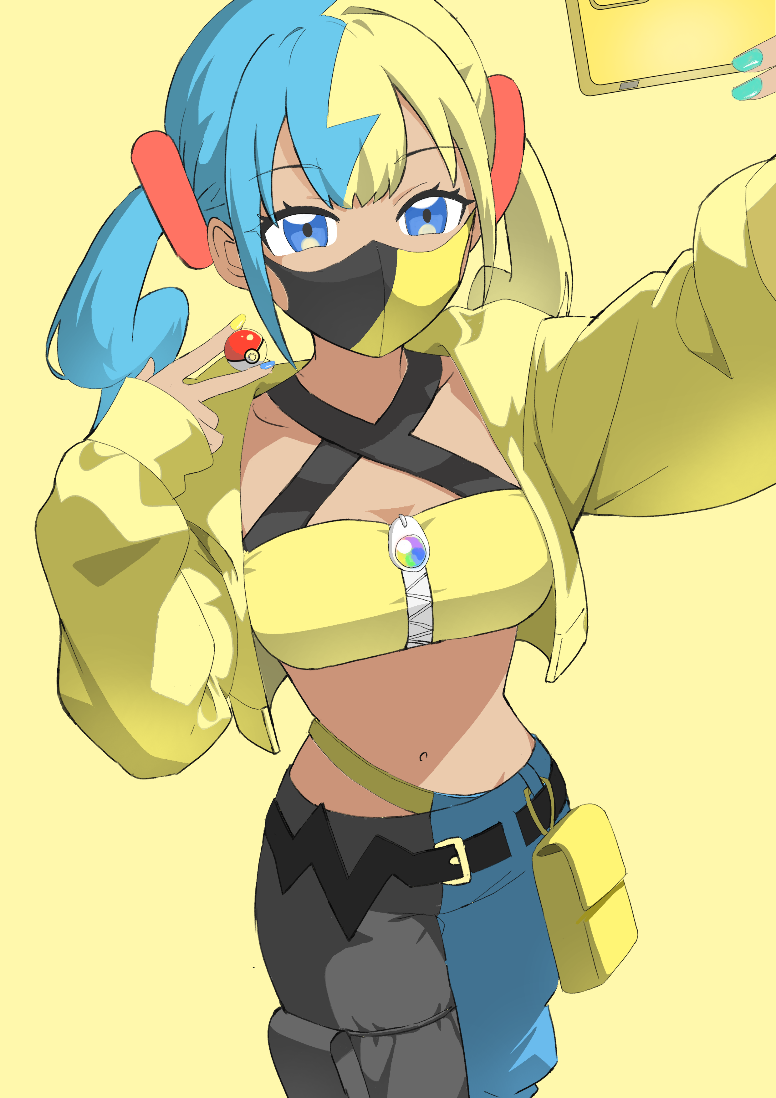 matsuokalive10, canari (pokemon), nintendo, pokemon, pokemon legends: z-a, absurdres, commentary request, highres, 1girl, aqua hair, bandeau, between fingers, blonde hair, blue eyes, breasts, cellphone, crop top, cropped jacket, dark-skinned female, dark skin, holding, holding phone, holding poke ball, jacket, mask, medium breasts, midriff, mouth mask, multicolored hair, nail polish, navel, pants, phone, poke ball, poke ball (basic), pouch, selfie, simple background, smartphone, solo, split-color hair, stomach, twintails, two-tone hair, v, yellow background, yellow bandeau, yellow jacket