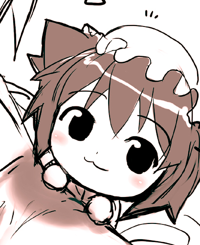 rondo bell, chen, touhou, artist request, bad id, bad pixiv id, lowres, source request, 1girl, :3, animal ears, blush, cat ears, cat girl, chibi, female focus, hat, monochrome, pink theme, sketch, solo