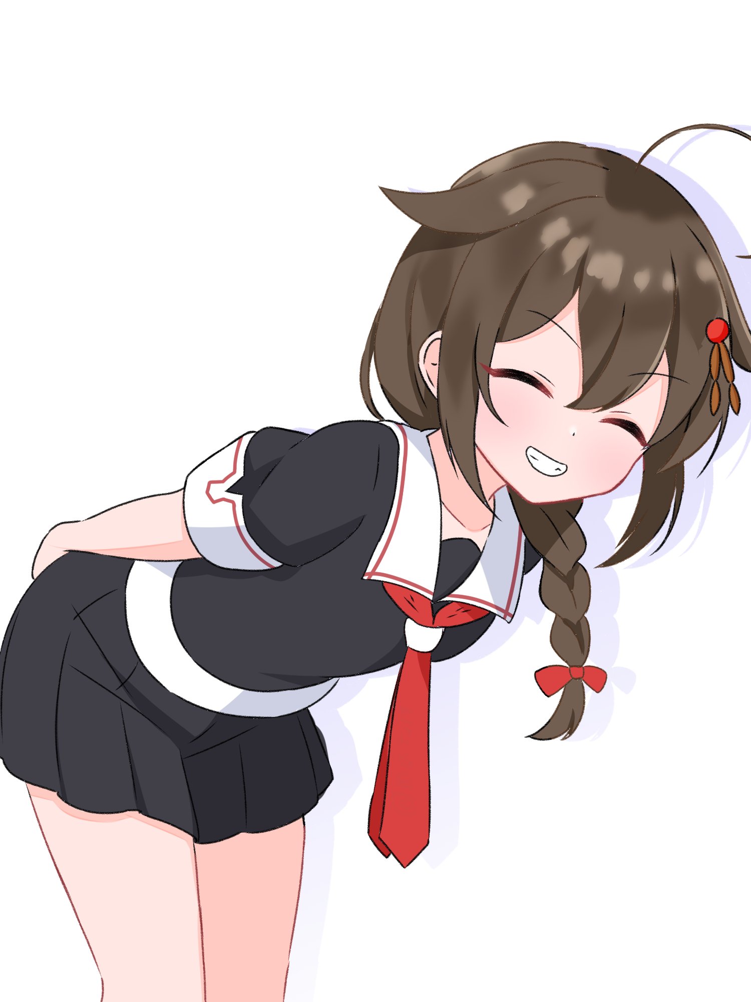 matu (matu19), shigure (kancolle), shigure kai ni (kancolle), kantai collection, commentary request, highres, 1girl, ahoge, black serafuku, black shirt, black skirt, braid, brown hair, closed eyes, grin, hair flaps, hair over shoulder, leaning forward, long hair, neckerchief, pleated skirt, red neckerchief, sailor collar, school uniform, serafuku, shirt, simple background, single braid, skirt, smile, solo, white background, white sailor collar