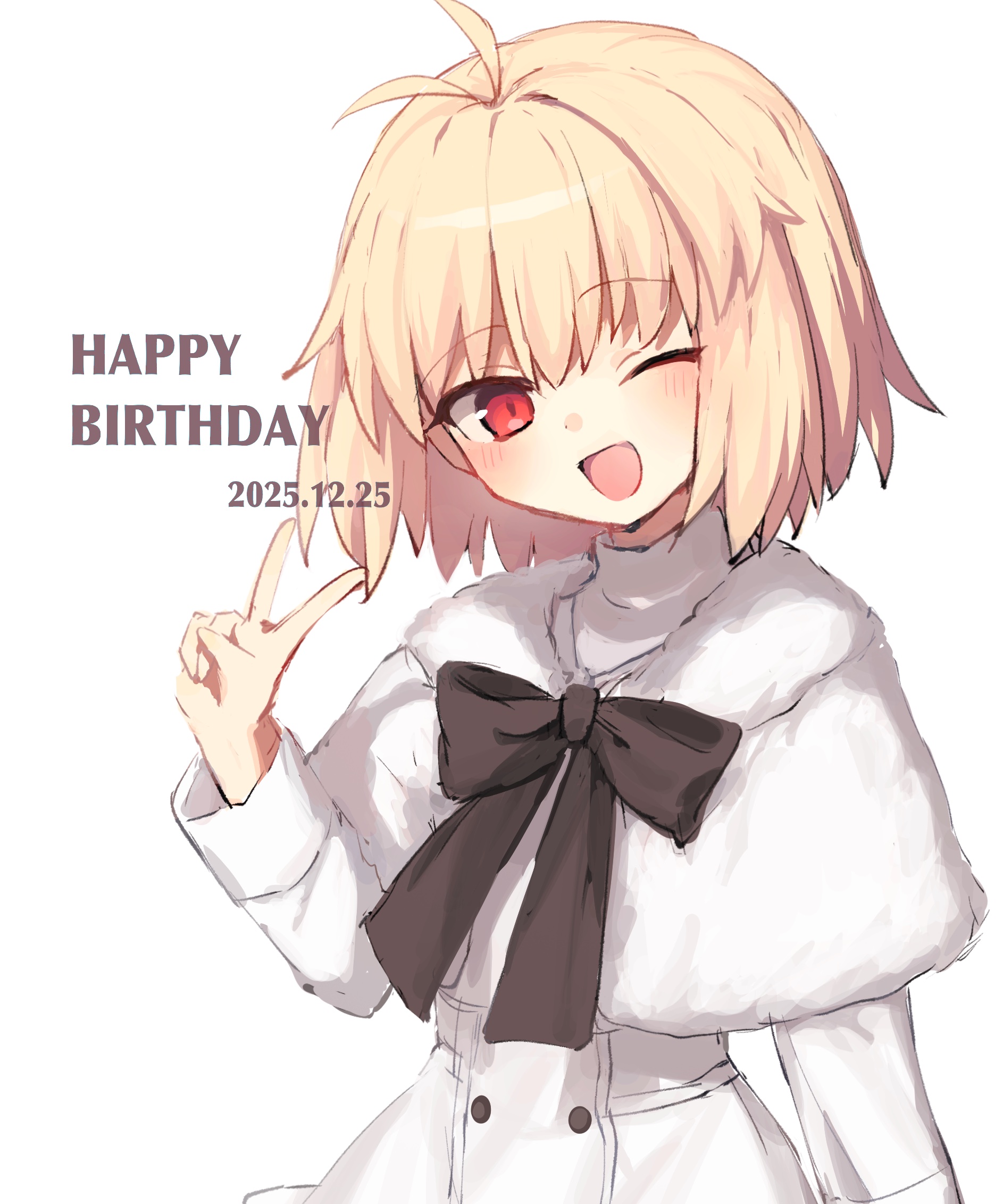 arcueid brunestud, tsukihime, tsukihime (remake), commentary request, highres, 1girl, ahoge, black bow, blonde hair, blush, bow, capelet, coat, english text, fur capelet, hair intakes, happy birthday, looking at viewer, official alternate costume, one eye closed, short hair, smile, upper body, v, white capelet, white coat, y0401u