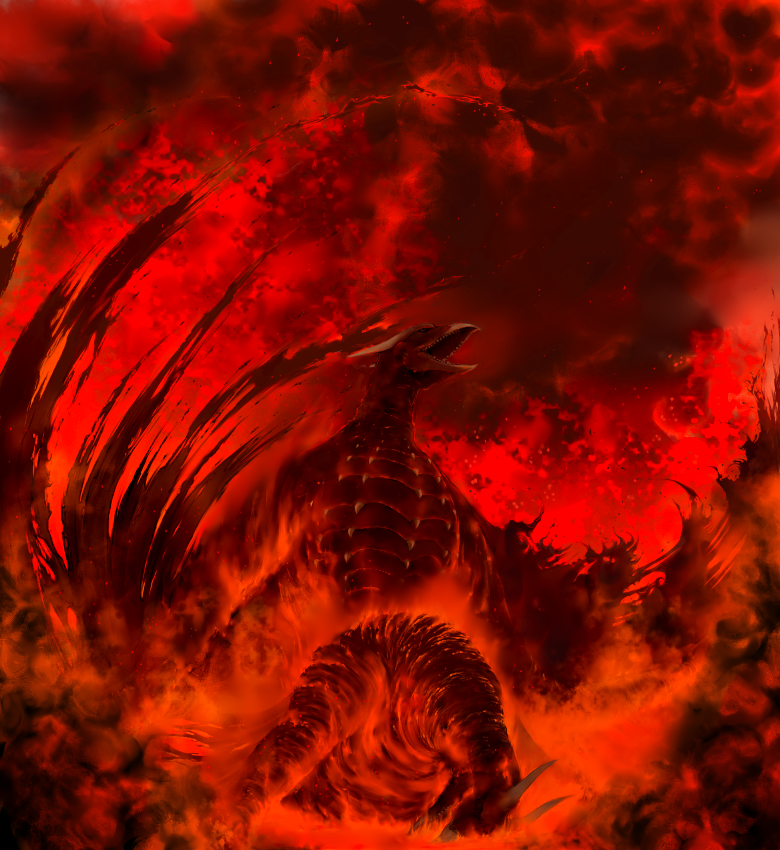 fuhatsu eekoodan, rodan, godzilla (series), rodan (movie), toho, burning, couple, dying, eruption, fire, kaiju, lava, monster, mount aso, pterosaur, real world location, red theme, smoke, solo, volcano