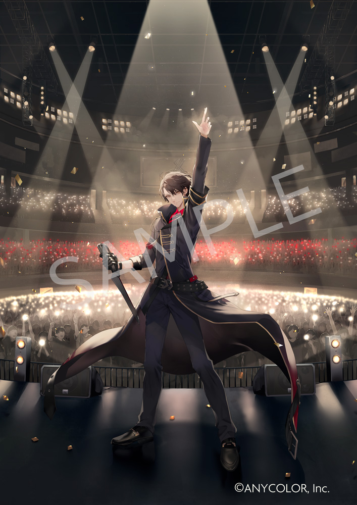 fuyuomi, kagami hayato, nijisanji, official art, >:), 1boy, aiguillette, arm up, armband, audience, belt, belt buckle, black armband, black belt, black coat, black gloves, black pants, black shoes, brown eyes, brown hair, buckle, coat, collared shirt, concert, confetti, copyright notice, cross tie, full body, gloves, glowstick, gradient clothes, gradient coat, hair between eyes, high collar, holding, holding microphone stand, index finger raised, indoors, long coat, looking at viewer, male focus, microphone, microphone stand, pants, people, red coat, red shirt, sample watermark, shirt, shoes, single glove, solo focus, speaker, spotlight, stage, stage lights, standing, tassel, v-shaped eyebrows, vintage microphone, virtual youtuber, watermark