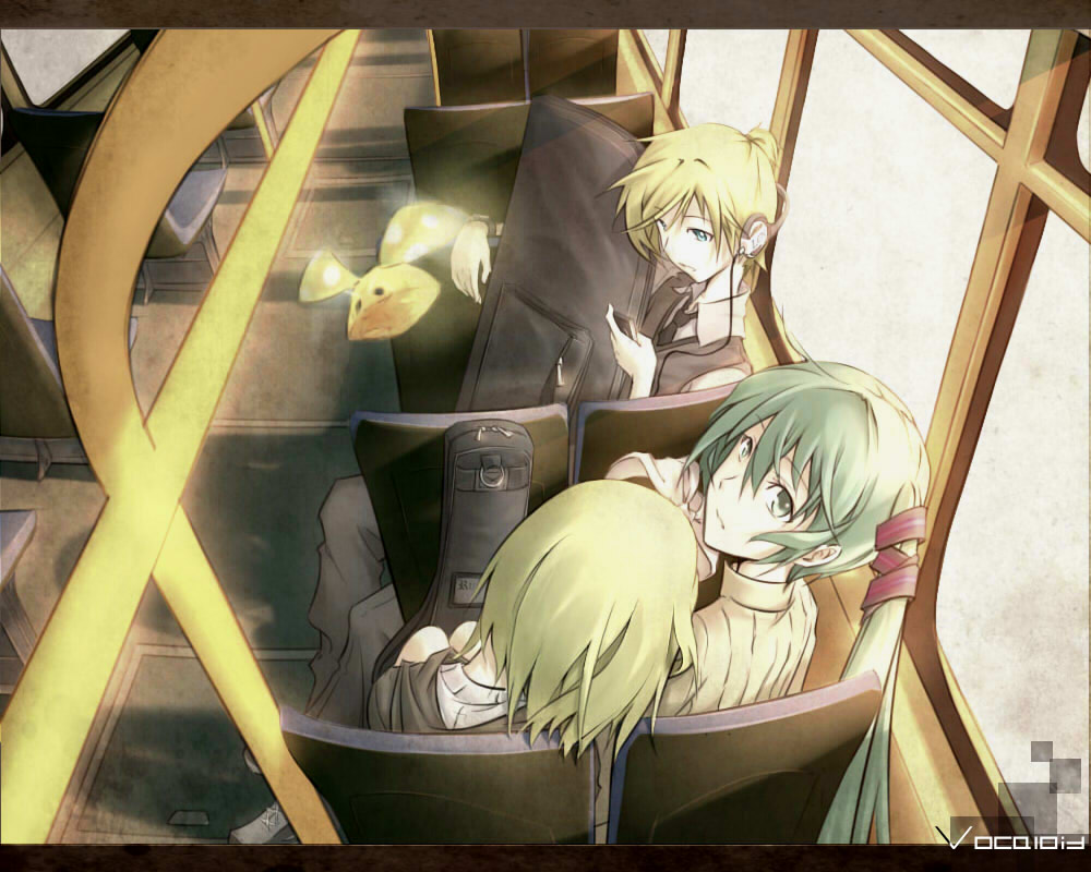 irena, hatsune miku, kagamine len, kagamine rin, vocaloid, bad id, bad pixiv id, aqua eyes, aqua hair, blonde hair, from above, guitar case, headphones, instrument case, ipod, long hair, mp3 player, short hair, sitting, twintails