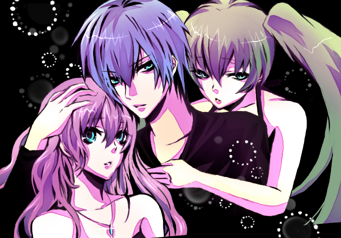 tsutaya, hatsune miku, kaito (vocaloid), megurine luka, acute (vocaloid), vocaloid, bad id, bad pixiv id, aqua eyes, aqua hair, blue hair, dress, long hair, pink hair, twintails