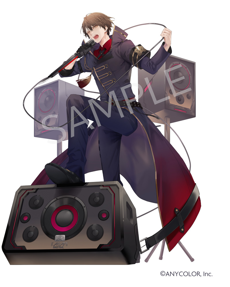 fuyuomi, kagami hayato, nijisanji, official art, 1boy, armband, belt, belt buckle, black armband, black belt, black coat, black gloves, black pants, black shoes, brown eyes, brown hair, buckle, cable, coat, collared shirt, copyright notice, cross tie, full body, gloves, gradient clothes, gradient coat, hair between eyes, hands up, high collar, holding, holding cable, holding microphone, long coat, looking at viewer, male focus, microphone, music, open mouth, pants, red coat, red shirt, sample watermark, shirt, shoes, sideways glance, simple background, singing, single glove, solo, speaker, standing, stepping on object, tassel, uneven footing, v-shaped eyebrows, vintage microphone, virtual youtuber, watermark, white background