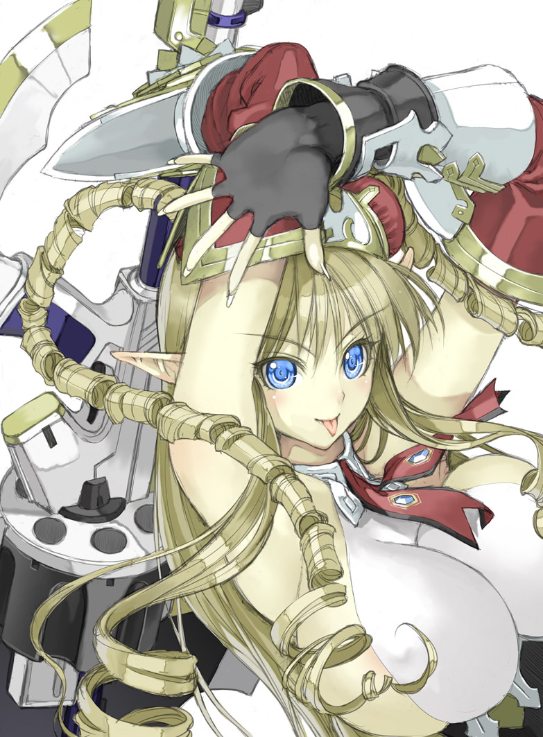 nakabayashi reimei, neige hausen, banpresto, super robot wars, super robot wars og saga mugen no frontier, super robot wars og saga mugen no frontier exceed, 1girl, :p, areola slip, armpits, arms up, blonde hair, blue eyes, blush, breasts, covered erect nipples, crown, curly hair, drill hair, elf, female focus, fingerless gloves, gloves, gun, hairpods, handgun, huge breasts, huge weapon, pointy ears, revolver, sideboob, sketch, solo, sword, tongue, tongue out, twin drills, weapon, white background