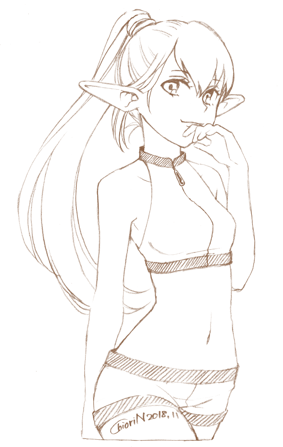 chiori n, original, commentary request, graphite (medium), highres, traditional media, 1girl, bare shoulders, breasts, crop top, elf, light smile, long hair, looking at viewer, monochrome, navel, pointy ears, ponytail, short shorts, shorts, small breasts, solo