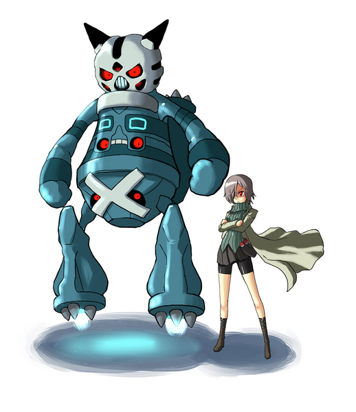 ken (koala), bronzong, glalie, metagross, nintendo, pokemon, non-web source, 1girl, angry, bike shorts, coat, fusion, gattai, gen 3 pokemon, gen 4 pokemon, hair over one eye, poke ball, pokemon (creature), red eyes, simple background, trench coat, turtleneck, white hair