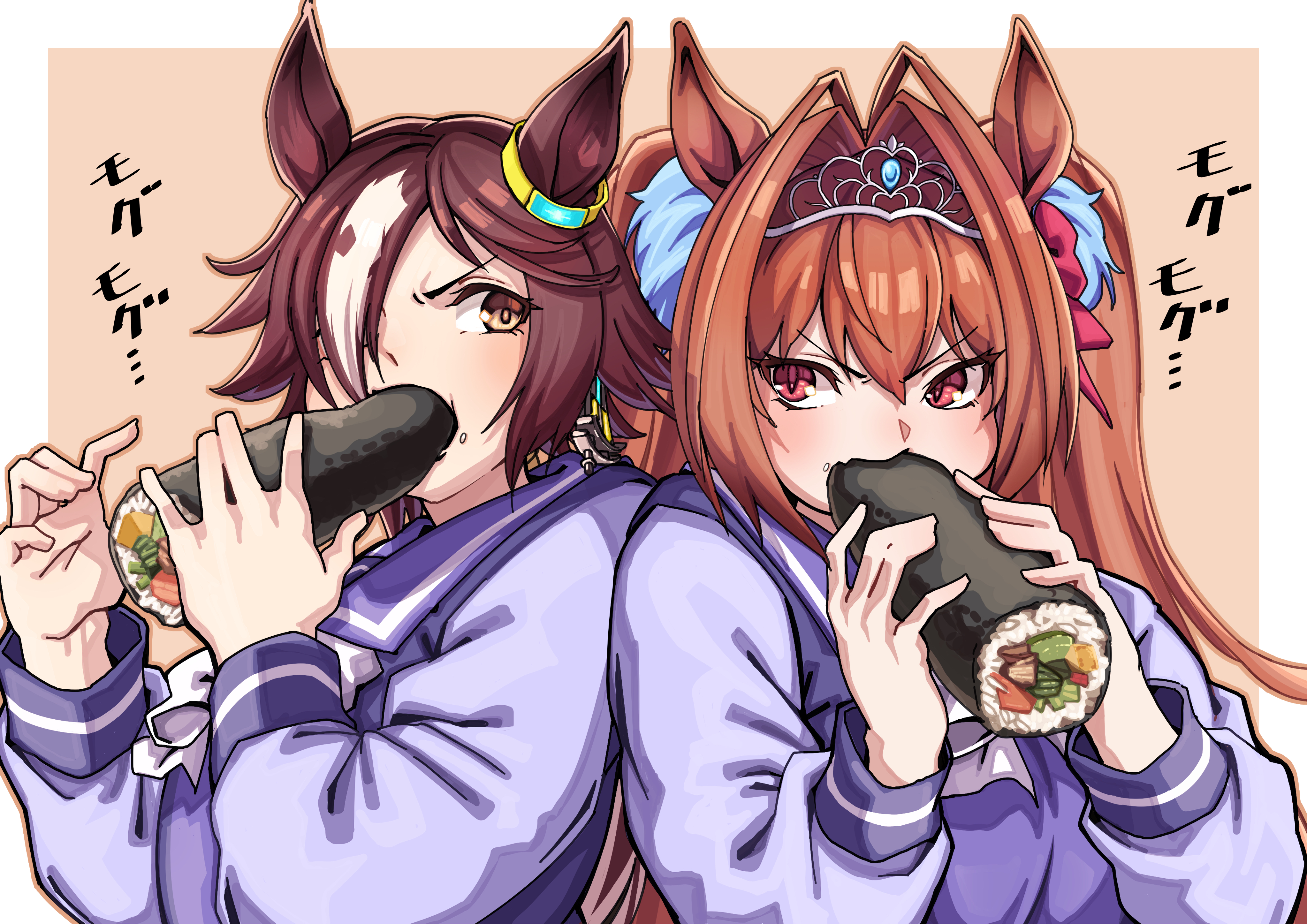 utsuke (u tuk e), daiwa scarlet (umamusume), vodka (umamusume), umamusume, absurdres, commentary request, highres, 2girls, animal ears, antenna hair, bow, bowtie, breasts, brown hair, eating, ehoumaki, food, hair between eyes, hair intakes, hair ornament, hair over one eye, horse ears, horse girl, large breasts, makizushi, multicolored hair, multiple girls, purple shirt, red eyes, rivalry, school uniform, shirt, streaked hair, sushi, tiara, tracen school uniform, twintails, v-shaped eyebrows, white bow, white bowtie, white hair