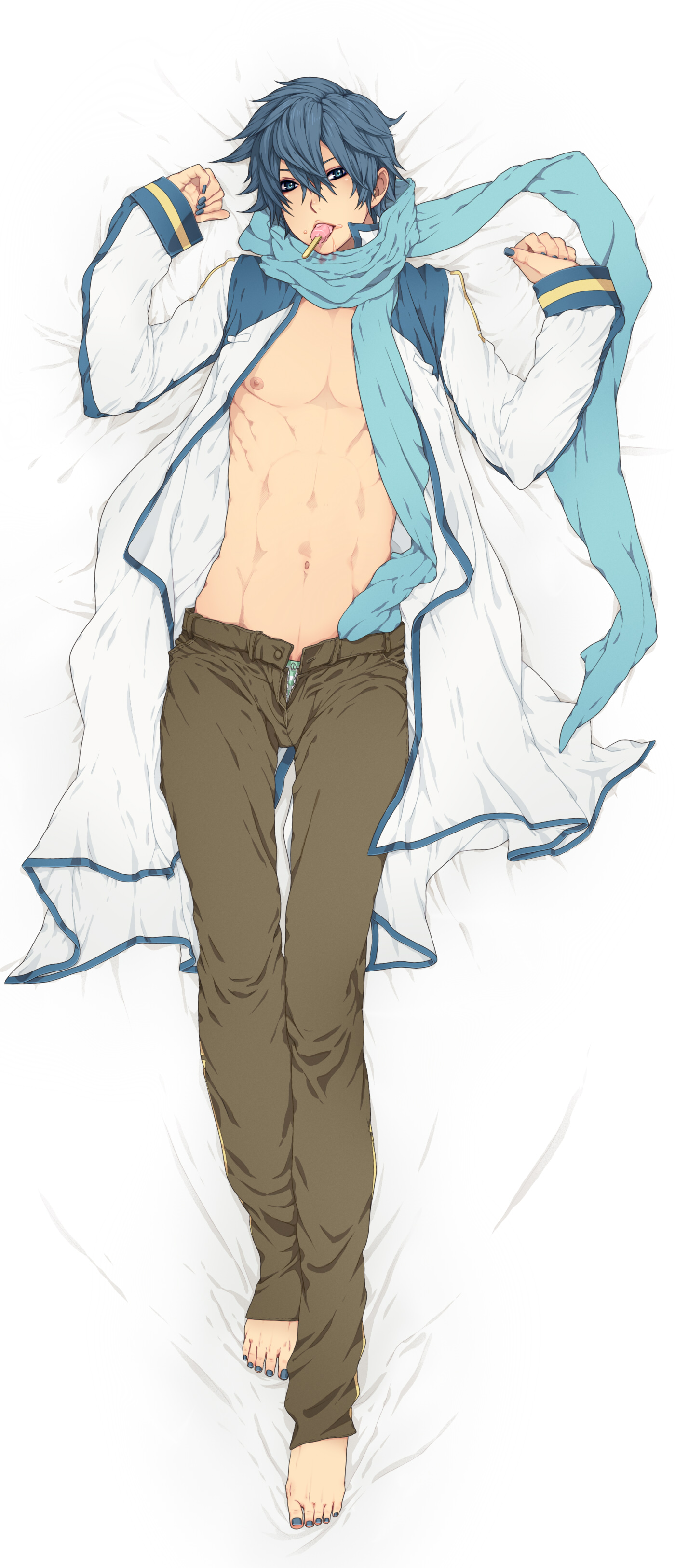 nayu, kaito (vocaloid), vocaloid, absurdres, bad id, bad pixiv id, highres, 1boy, abs, barefoot, blue eyes, blue hair, blue scarf, crossdressing, crossdressing (mtf), dakimakura (medium), eating, feet, food, full body, lying, male focus, matching hair/eyes, nail polish, navel, nipples, on back, open clothes, panties, popsicle, scarf, sexually suggestive, solo, striped clothes, striped panties, toenail polish, toenails, underwear