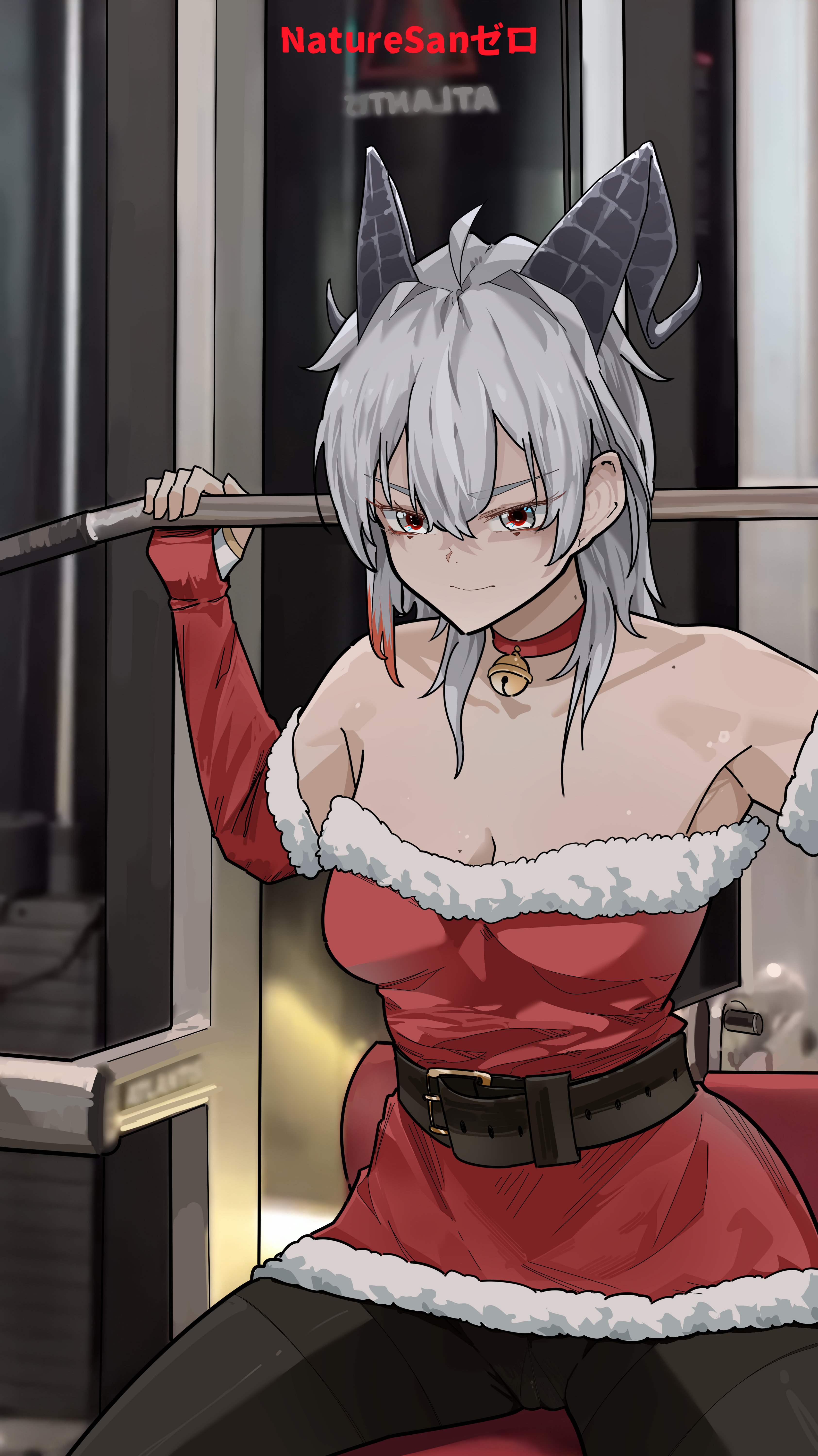 ryeon (naturesan), black panther, zani (wuthering waves), wuthering waves, absurdres, check clothing, clothing request, commentary, english commentary, highres, revision, 1girl, ahoge, alternate costume, artist name, bare shoulders, bell, black horns, breasts, cleavage, closed mouth, collarbone, curled horns, dress, elbow gloves, exercising, fur-trimmed dress, fur-trimmed gloves, fur trim, gloves, grey hair, horns, indoors, long hair, medium breasts, mole, mole on breast, neck bell, panther, pantyhose, red dress, red eyes, red gloves, solo, thighband pantyhose