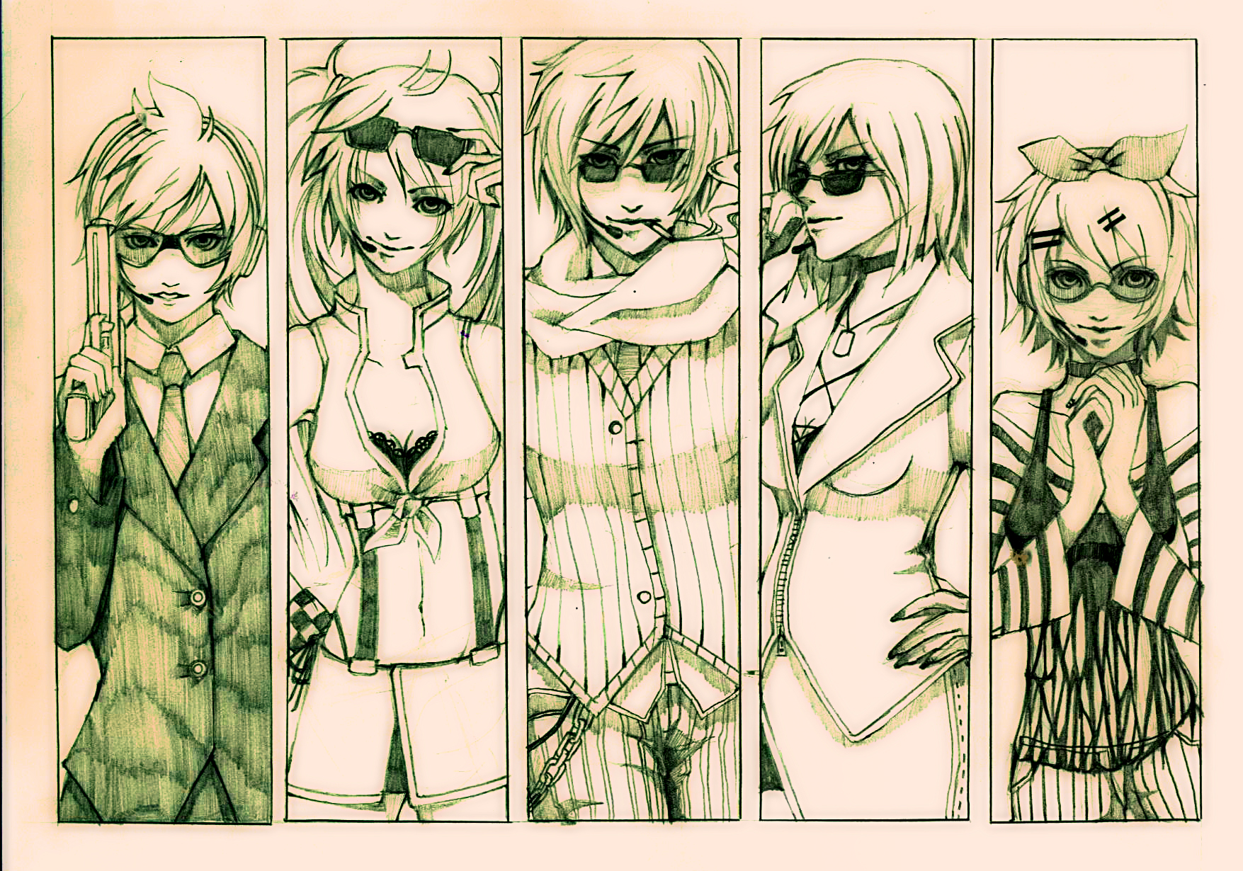 hatsune miku, kagamine len, kagamine rin, kaito (vocaloid), meiko (vocaloid), vocaloid, highres, 2boys, 3girls, bow, bra, breasts, cigarette, cleavage, front-tie top, gun, hair bow, handgun, headset, large breasts, lingerie, midriff, multiple boys, multiple girls, necktie, pistol, semi-automatic pistol, smile, smoking, sunglasses, suspenders, underwear, weapon