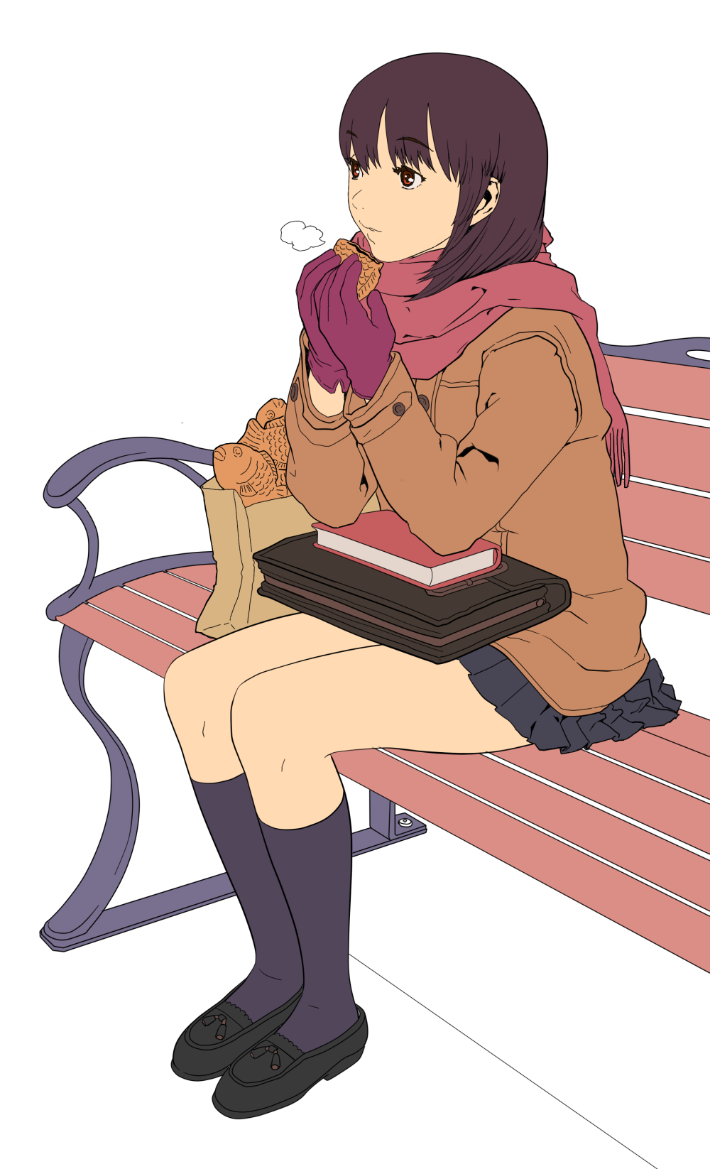 yasumori zen, original, bad id, bad pixiv id, highres, book, brown eyes, brown hair, coat, flat color, food, gloves, scarf, solo, taiyaki, wagashi
