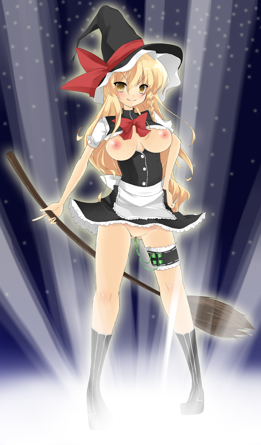 noi (noi 2y), kirisame marisa, touhou, highres, 1girl, apron, blonde hair, blush, boots, braid, breastless clothes, breasts, breasts out, broom, female focus, frilled thigh strap, frills, full body, hat, large breasts, long hair, looking at viewer, multiple insertions, nipples, no panties, pussy, revealing clothes, sex toy, smile, solo, standing, thigh strap, thighhighs, vibrator, vibrator in thighhighs, witch hat, yellow eyes