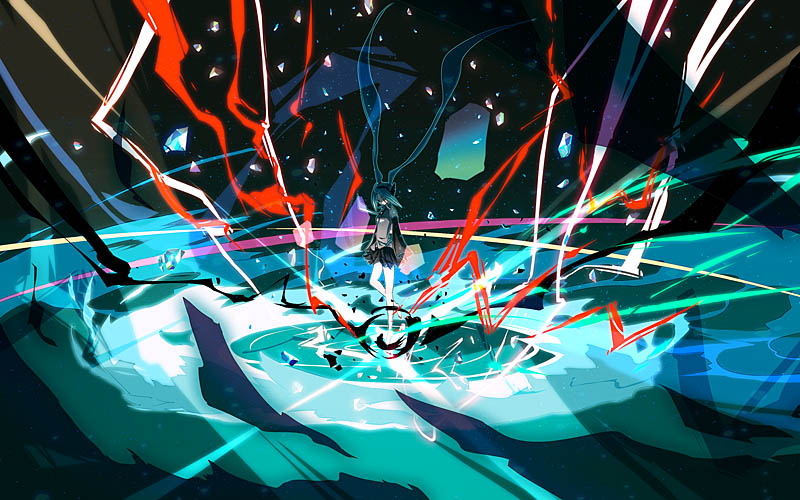 isobe toast, hatsune miku, vocaloid, tagme, aqua hair, skirt, solo, twintails