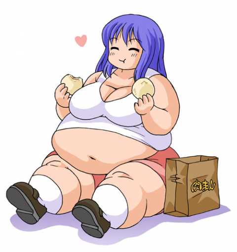 tagme, 1girl, belly stuffing, breasts, cleavage, closed eyes, eating, fat, fat woman, female focus, full body, happy, large breasts, long hair, obese, purple hair, sitting, smile, solo