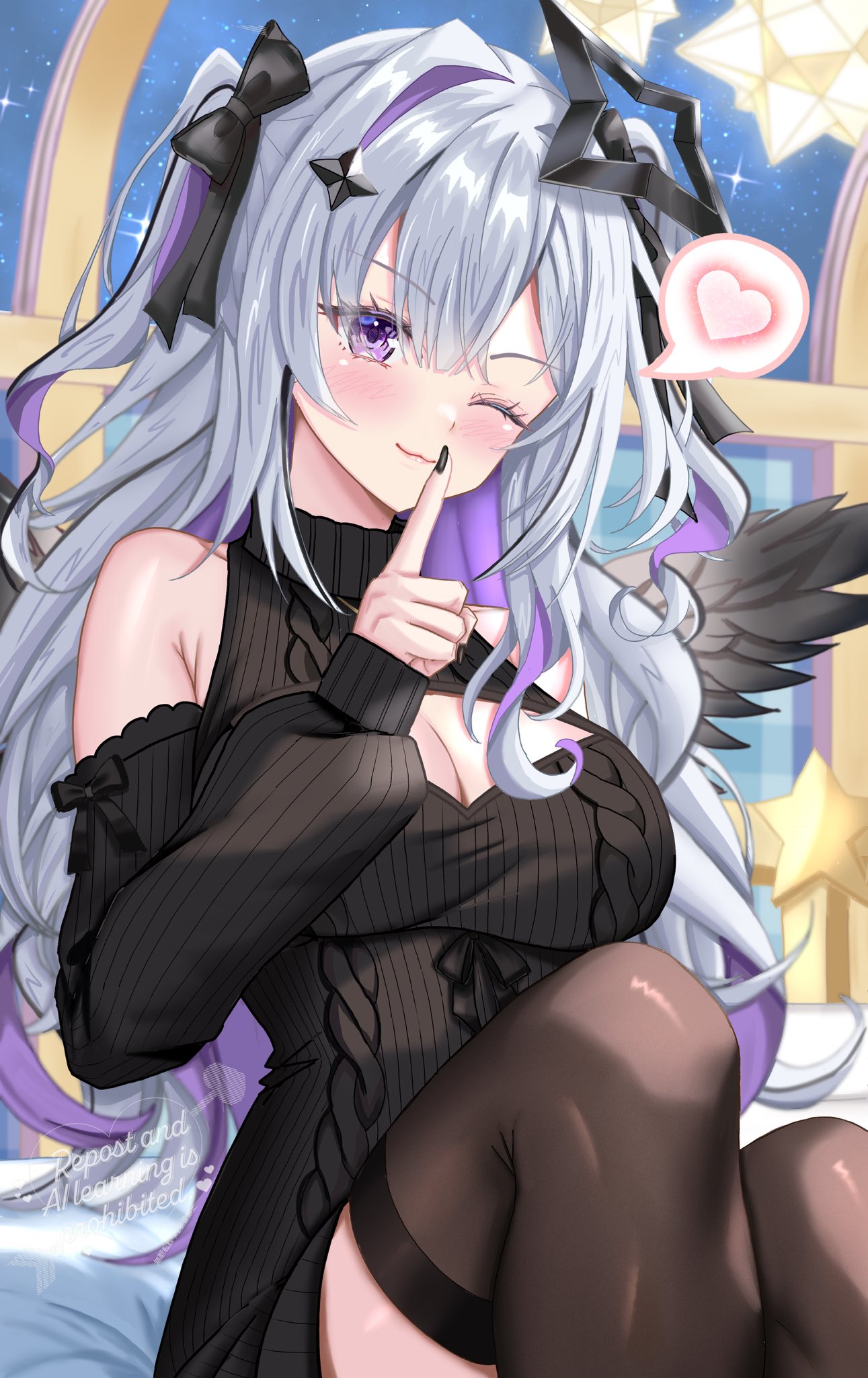 erin (sherryseraph), amane konata, hololive, commentary request, highres, 1girl, angel, angel wings, aran sweater, armpit crease, black nails, black sweater, black thighhighs, blush, bow, breasts, cable knit, cleavage, cleavage cutout, clothing cutout, colored inner hair, double-parted bangs, eyelashes, feathered wings, fine fabric emphasis, finger to mouth, fingernails, grey hair, hair bow, heart, knees up, large breasts, lips, long hair, long sleeves, looking at viewer, multicolored hair, one eye closed, purple eyes, purple hair, ribbed sweater, shoulder cutout, shuriken hair ornament, shushing, single hair intake, sitting, solo, spoken heart, streaked hair, sweater, thighhighs, turtleneck, turtleneck sweater, two side up, virgin killer sweater, virtual youtuber, wings