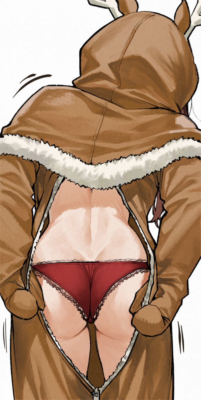 kamisato sora, tohsaka rin, fate/stay night, fate (series), commentary, highres, 1girl, animal costume, animal ears, animal hood, antlers, ass, ass focus, back, brown hair, deer antlers, deer ears, dressing, facing away, from behind, hood, horns, onesie, panties, red panties, reindeer costume, reindeer hood, solo, underwear, wardrobe malfunction