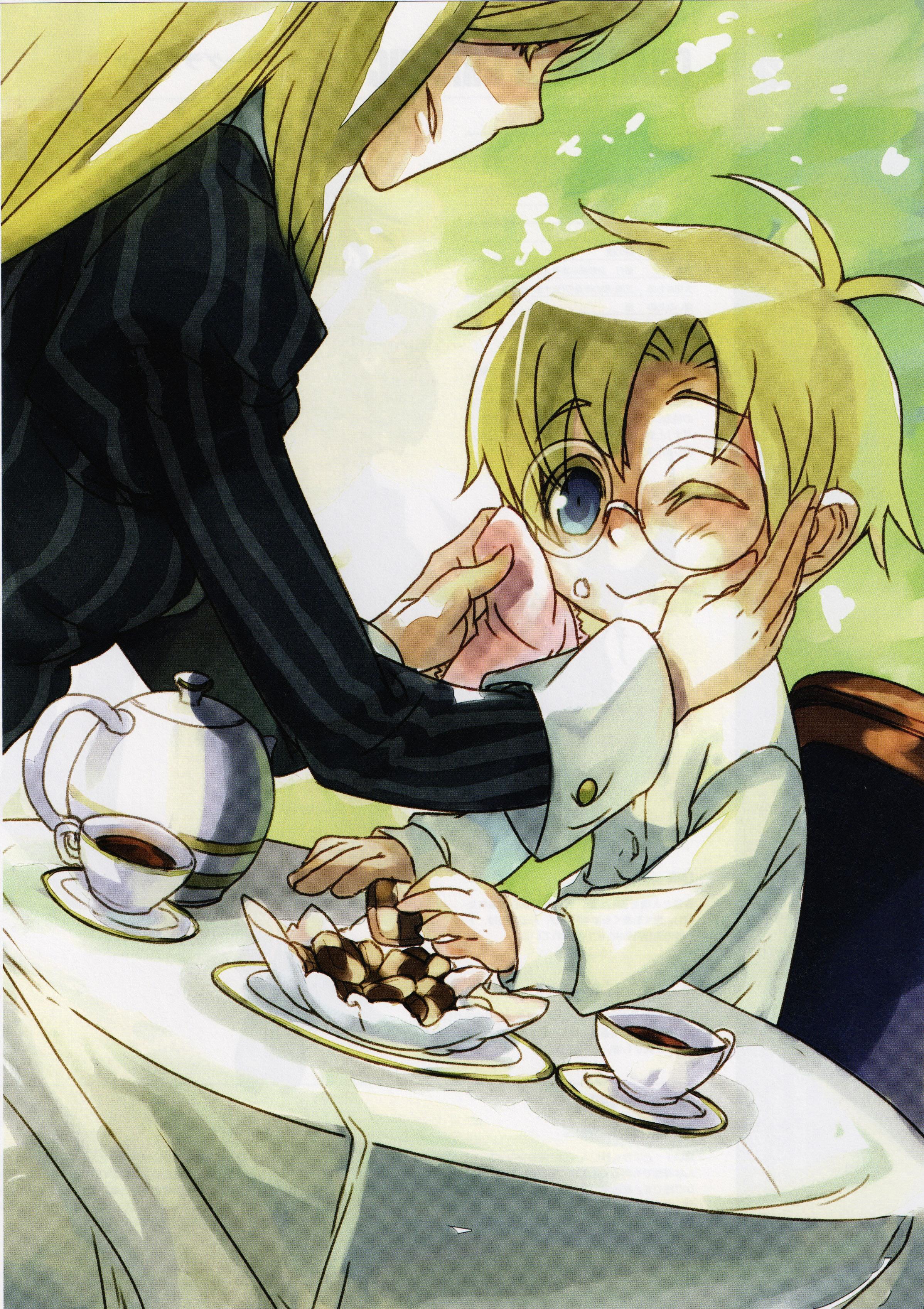 ada clover, carl clover, arc system works, blazblue, blazblue: calamity trigger, absurdres, highres, official art, scan, 1boy, 1girl, ahoge, blonde hair, blue eyes, brother and sister, cup, family bonding, food, glasses, one eye closed, round eyewear, siblings, table, tea, teacup, wink, wrist cuffs