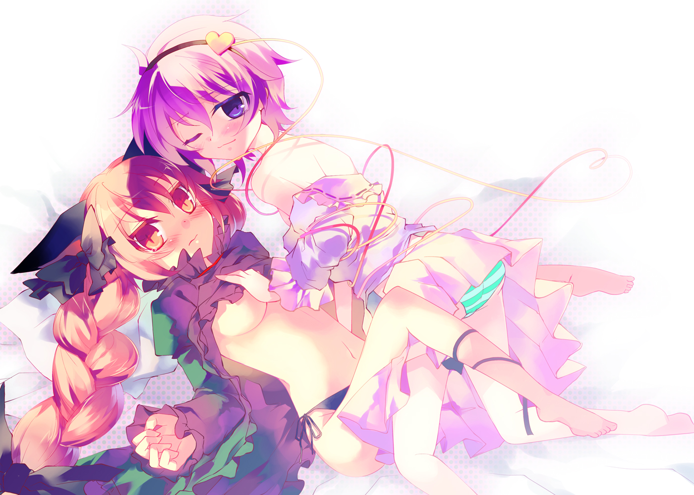 ayuka, natsuki yuu (amemizu), kaenbyou rin, komeiji satori, touhou, bad id, bad pixiv id, colorized, 2girls, animal ears, black panties, braid, cat ears, cat girl, female focus, hair ribbon, hairband, heart, multiple girls, panties, purple eyes, purple hair, red eyes, red hair, ribbon, short hair, side-tie panties, striped clothes, striped panties, twin braids, twintails, underwear, yuri