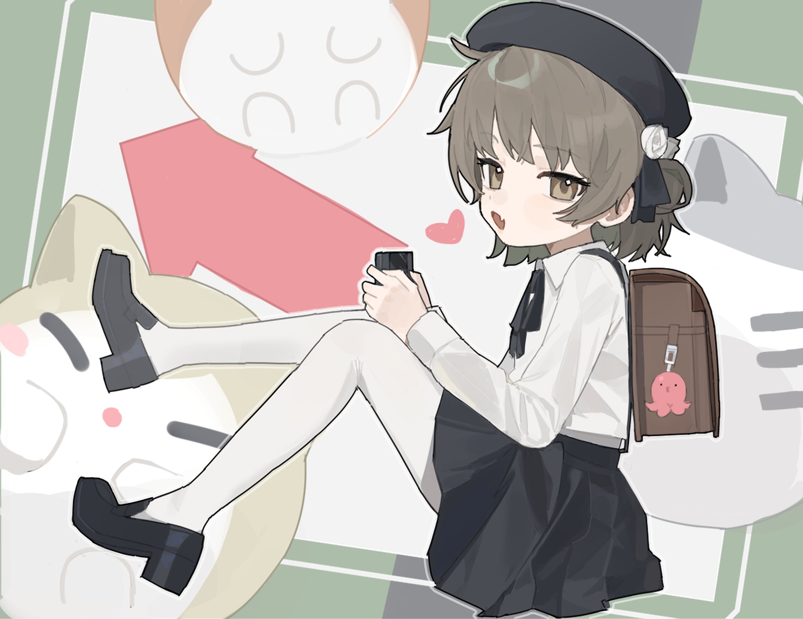 ar2a, hatoba tsugu, tsugu (vtuber), hashtag-only commentary, highres, 1girl, arrow (symbol), backpack, bag, bag charm, beret, black hat, black ribbon, black shoes, black skirt, brown bag, brown eyes, brown hair, cat, charm (object), collared shirt, fang, flower, from side, full body, hair bun, hat, hat flower, heart, holding, knees up, leg up, loafers, looking at viewer, medium hair, miniskirt, neck ribbon, octopus, open mouth, pantyhose, pleated skirt, randoseru, ribbon, shirt, shoes, single side bun, sitting, skin fang, skirt, solo, white flower, white pantyhose, white shirt