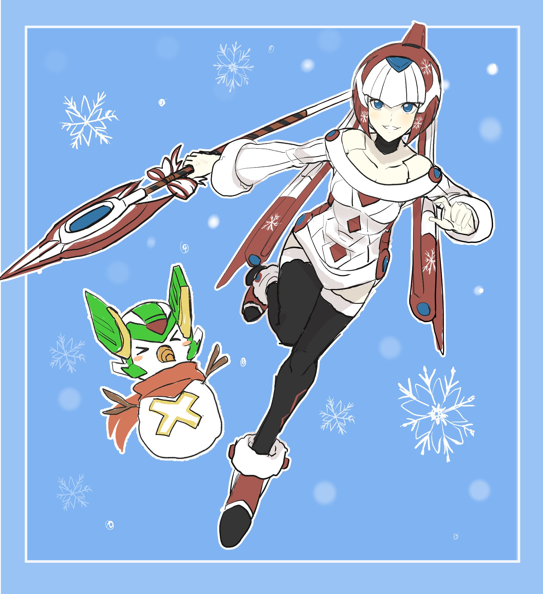 raica (khongbautroi), sage harpuia (mega man), mega man (series), mega man x (series), mega man x dive, mega man zero (series), highres, > <, 1boy, 1girl, bare shoulders, black thighhighs, blue background, blue eyes, breasts, christmas, forehead jewel, helmet, holding, holding polearm, holding weapon, off-shoulder sweater, off shoulder, official alternate costume, parted lips, polearm, red helmet, simple background, smile, snowman, spear, sweater, thighhighs, weapon, white sweater