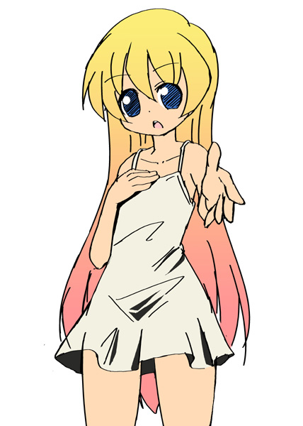 nemuro nao, rebecca miyamoto, pani poni dash!, 00s, blonde hair, blue eyes, child, dress, flat chest, foreshortening, long hair, solo, sundress