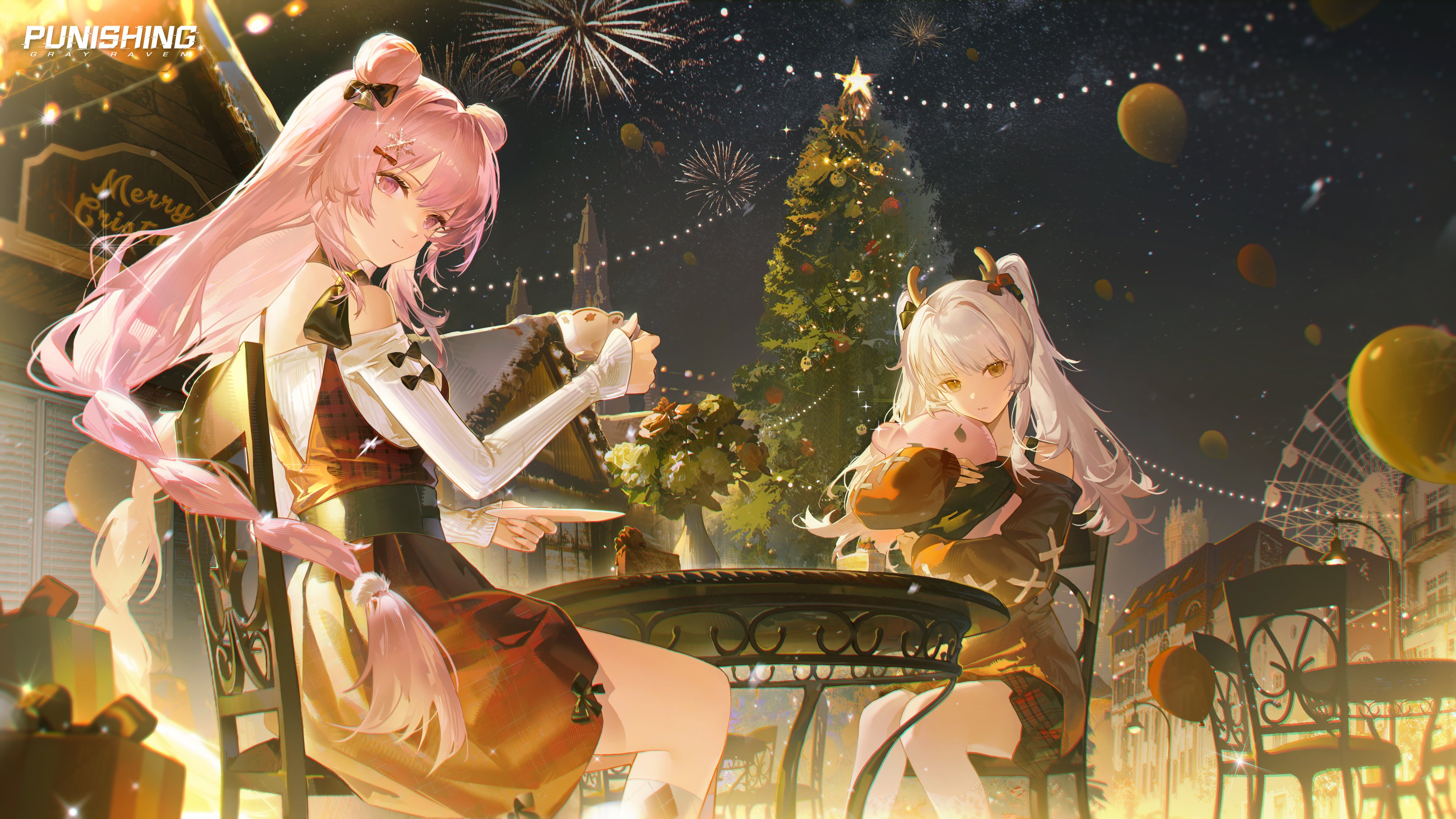 karenina (pgr), teddy (pgr), punishing: gray raven, absurdres, commentary, english commentary, highres, official art, 2girls, antlers, balloon, bare shoulders, bell, black bow, black choker, black jacket, black sash, black scarf, black skirt, bow, box, braid, building, cake, cake slice, chair, choker, christmas lights, christmas ornaments, christmas tree, church, closed mouth, copyright name, cup, double bun, dress, fake antlers, feet out of frame, ferris wheel, fireworks, flower, food, from behind, gift, gift box, hair bell, hair bow, hair bun, hair intakes, hair ornament, hand up, holding, holding cup, holding saucer, holding stuffed toy, horns, house, hugging object, jacket, knees together feet apart, lamppost, legs together, light smile, long hair, long sleeves, looking at viewer, low twintails, merry christmas, miniskirt, multiple girls, night, off-shoulder jacket, off-shoulder sweater, off shoulder, outdoors, pink hair, plaid clothes, plaid dress, plaid scarf, plaid skirt, pom pom (clothes), pom pom hair ornament, purple eyes, red bow, red dress, red flower, red rose, reindeer antlers, rose, sash, saucer, scarf, sidelocks, sign, sitting, skirt, sky, sleeveless, sleeveless dress, sleeves past wrists, snowflake hair ornament, snowflake print, socks, star (sky), starry sky, stuffed animal, stuffed toy, sweater, table, teacup, teddy bear, turning head, twin braids, twintails, vase, very long hair, white hair, white socks, white sweater, yellow eyes, yellow flower, yellow rose