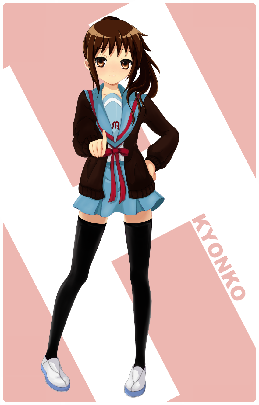 rokujou jun, kyonko, suzumiya haruhi no yuuutsu, gender request, highres, 00s, 1girl, brown eyes, brown hair, cardigan, female focus, full body, genderswap, hand on own hip, hip focus, legs, lips, long hair, pointing, ponytail, school uniform, serafuku, shoes, skirt, solo, thighhighs, uwabaki, zettai ryouiki