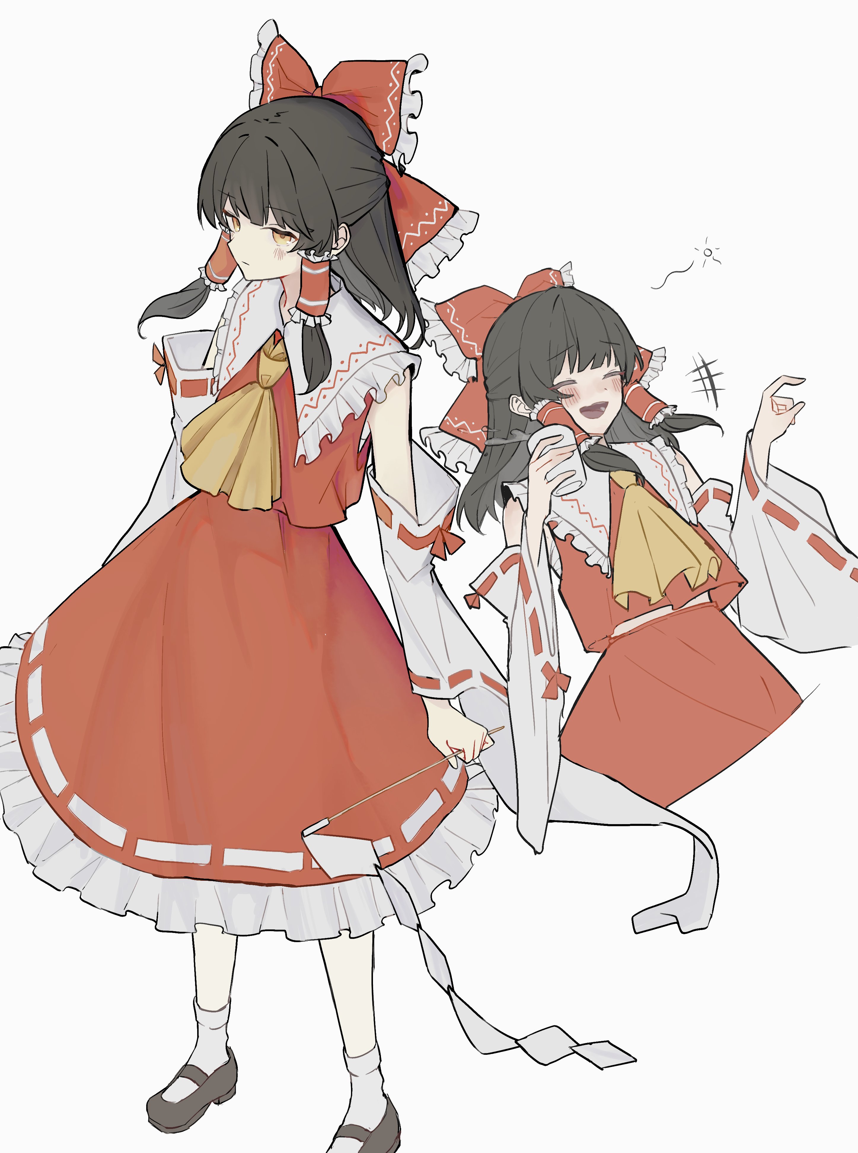 hakurei reimu, touhou, absurdres, commentary request, highres, +++, 1girl, ascot, black shoes, blush, bow, brown eyes, brown hair, closed eyes, detached sleeves, frilled bow, frilled hair tubes, frills, gohei, hair bow, hair tubes, holding, holding gohei, long hair, mary janes, multiple views, red bow, red skirt, ribbon-trimmed sleeves, ribbon trim, sei (sei ha1), shoes, skirt, skirt set, socks, squeans, white socks, yellow ascot