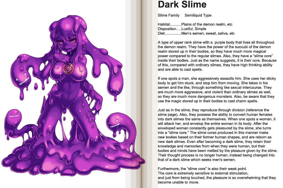 kenkou cross, dark slime, monster girl encyclopedia, hard-translated, official art, third-party edit, translated, 1girl, barefoot, blush, breasts, character profile, core, english text, fang, large breasts, looking at viewer, monster girl, nude, omitted bits, pointy ears, purple eyes, purple theme, slime (substance), slime girl, tentacles