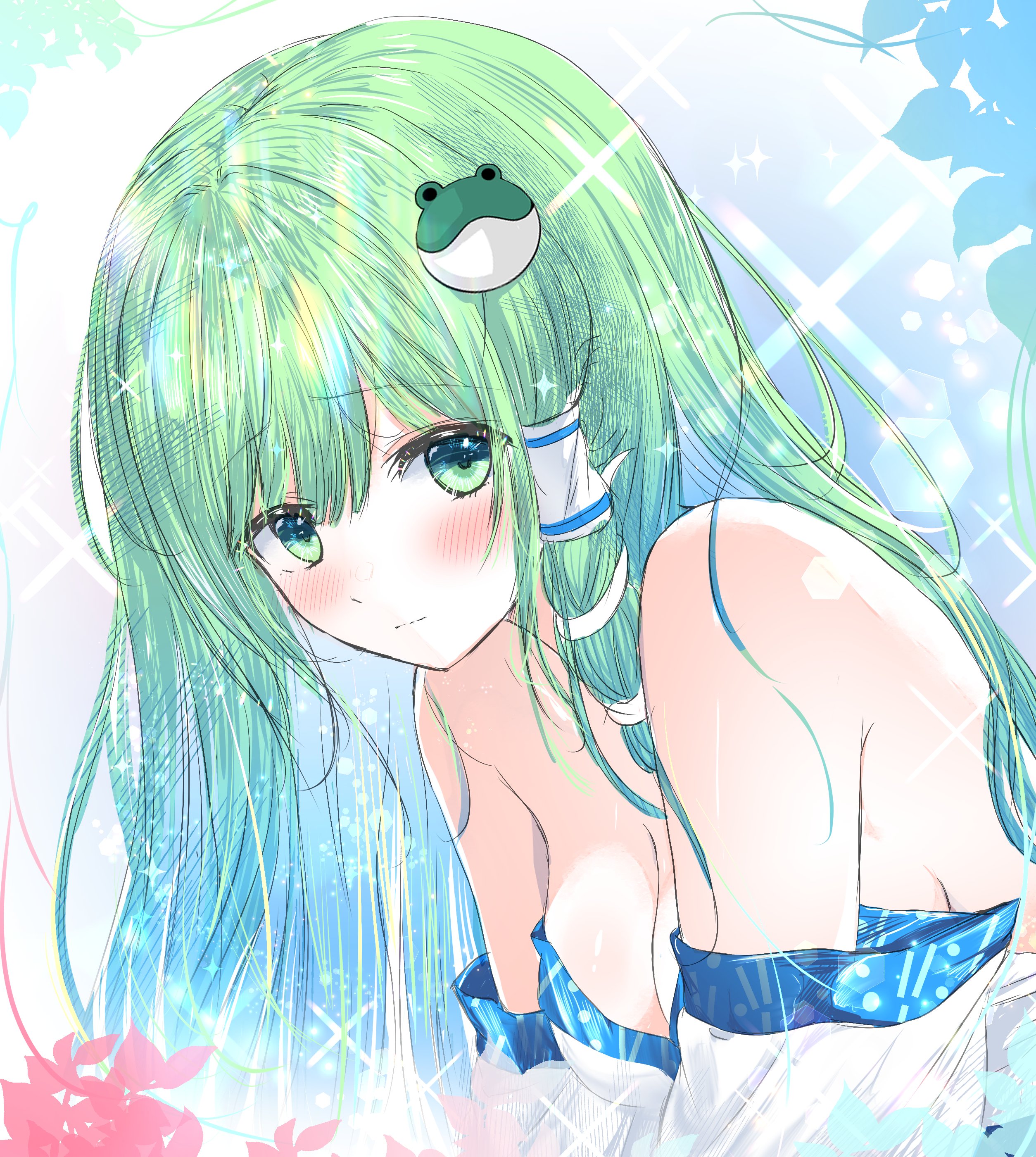 tomo (uguisu-tei), kochiya sanae, touhou, absurdres, commentary request, highres, 1girl, blush, breasts, breasts day, cleavage, closed mouth, detached sleeves, frog hair ornament, good breasts day, green eyes, green hair, hair ornament, hair tubes, large breasts, long hair, looking at viewer, single hair tube, snake hair ornament, solo, sparkle