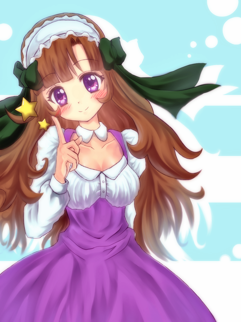 230 okuto, mikogami nagisa, anyamal tantei kirumin zoo, blush, brown hair, dress, purple dress, purple eyes, ribbon, smile, solo