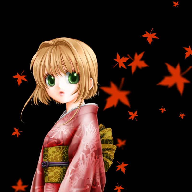 mitsuru (wish fly), kinomoto sakura, cardcaptor sakura, bad id, bad pixiv id, 1990s (style), autumn, brown hair, child, green eyes, japanese clothes, kimono, leaf, lips, retro artstyle, short hair, solo
